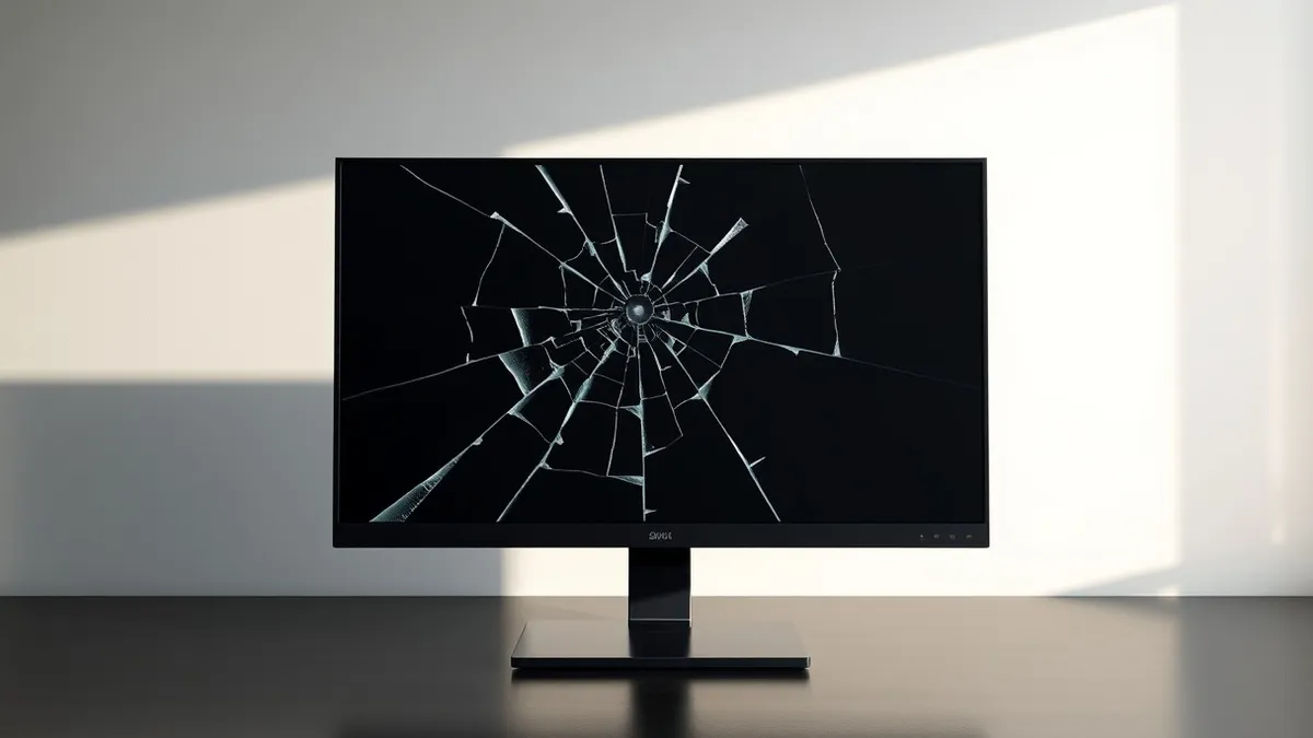 Illustration: A cracked glass pane sits on a sleek black monitor surface, revealing jagged edges and internal fractures.