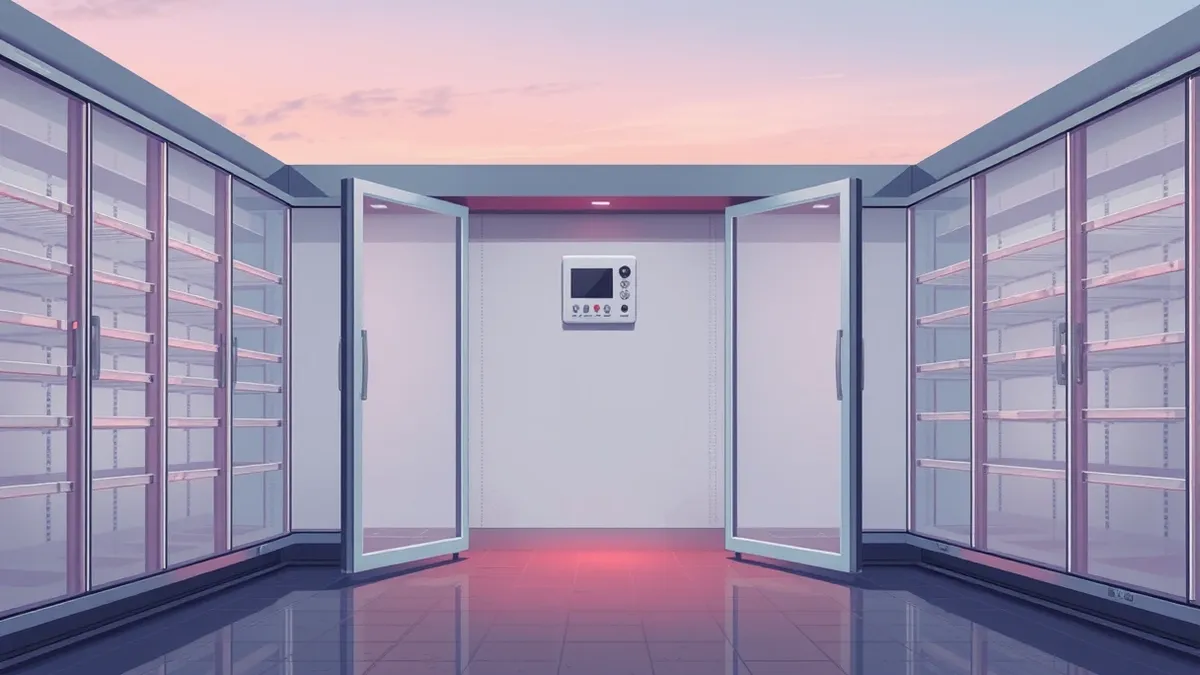 Illustration: A commercial supermarket freezer aisle stands in disarray, its heavy glass doors slightly ajar.