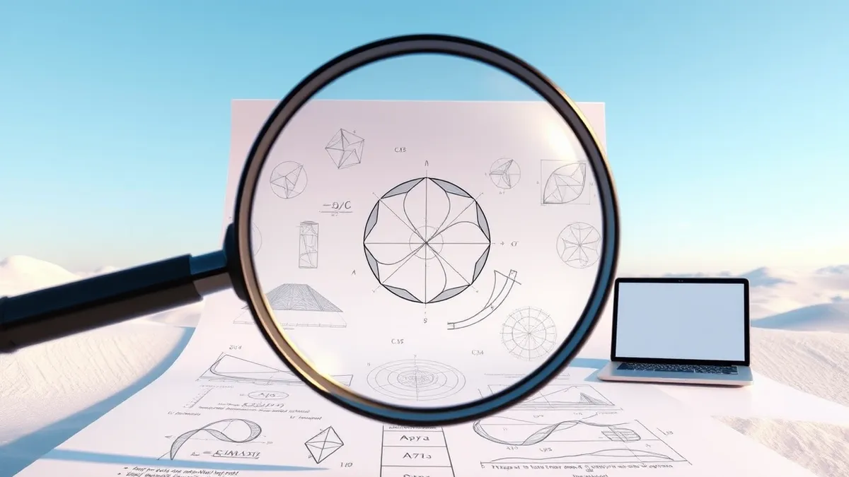 Illustration: A magnifying glass hovers over a sheet of paper covered in intricate mathematical curves and geometric patterns.
