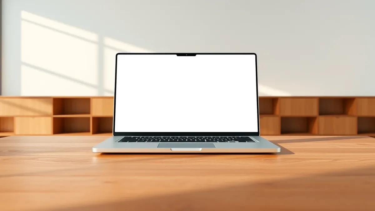 Illustration: A sleek silver laptop sits open on a polished wooden table in a bright modern room.
