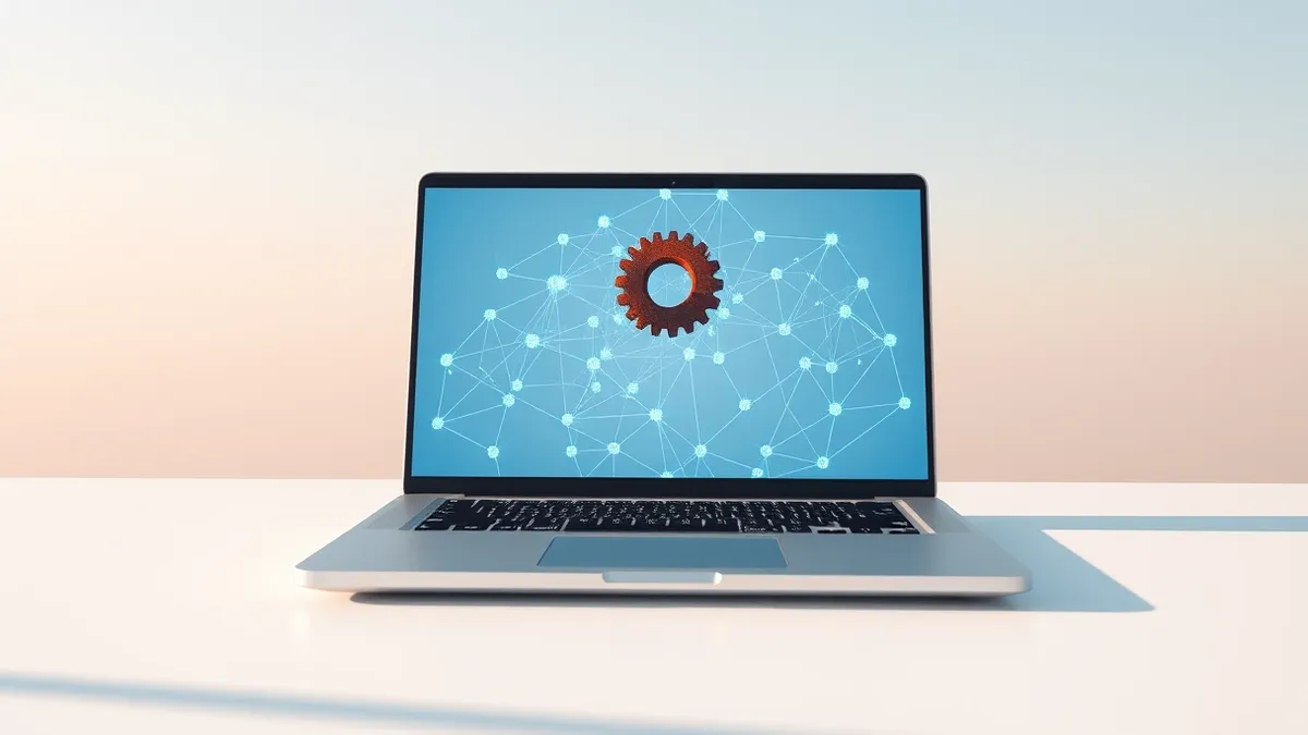 Illustration: A sleek silver laptop sits open on a minimalist white desk.