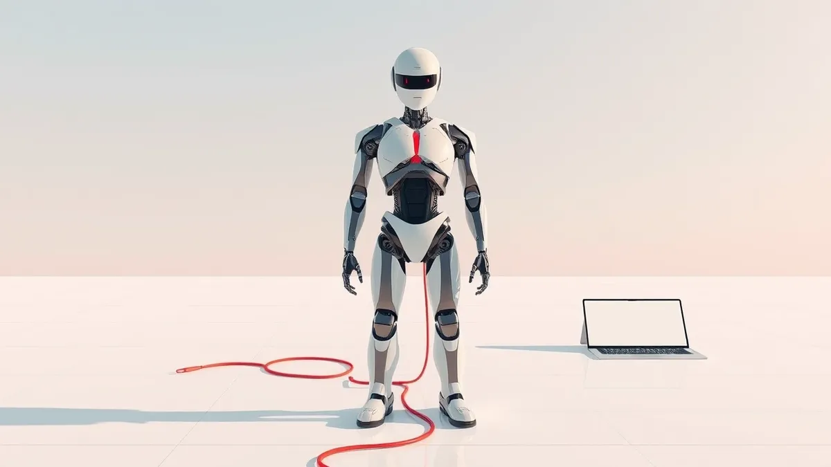 Illustration: A sleek humanoid robot stands motionless on a polished white floor, its metallic joints catching the light.