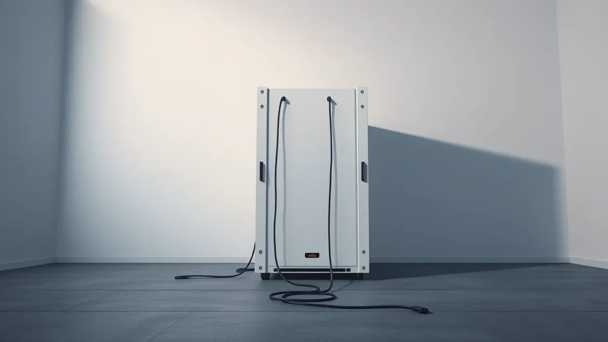 Illustration: A white rack-mounted server unit sits in a dimly lit room with a small amber warning light blinking steadily on its front panel.