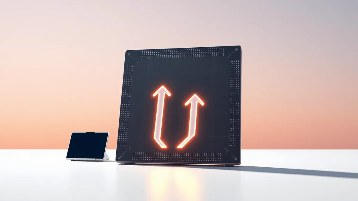 Illustration: A single massive square silicon wafer rests on a clean white surface, glowing faintly with heat.