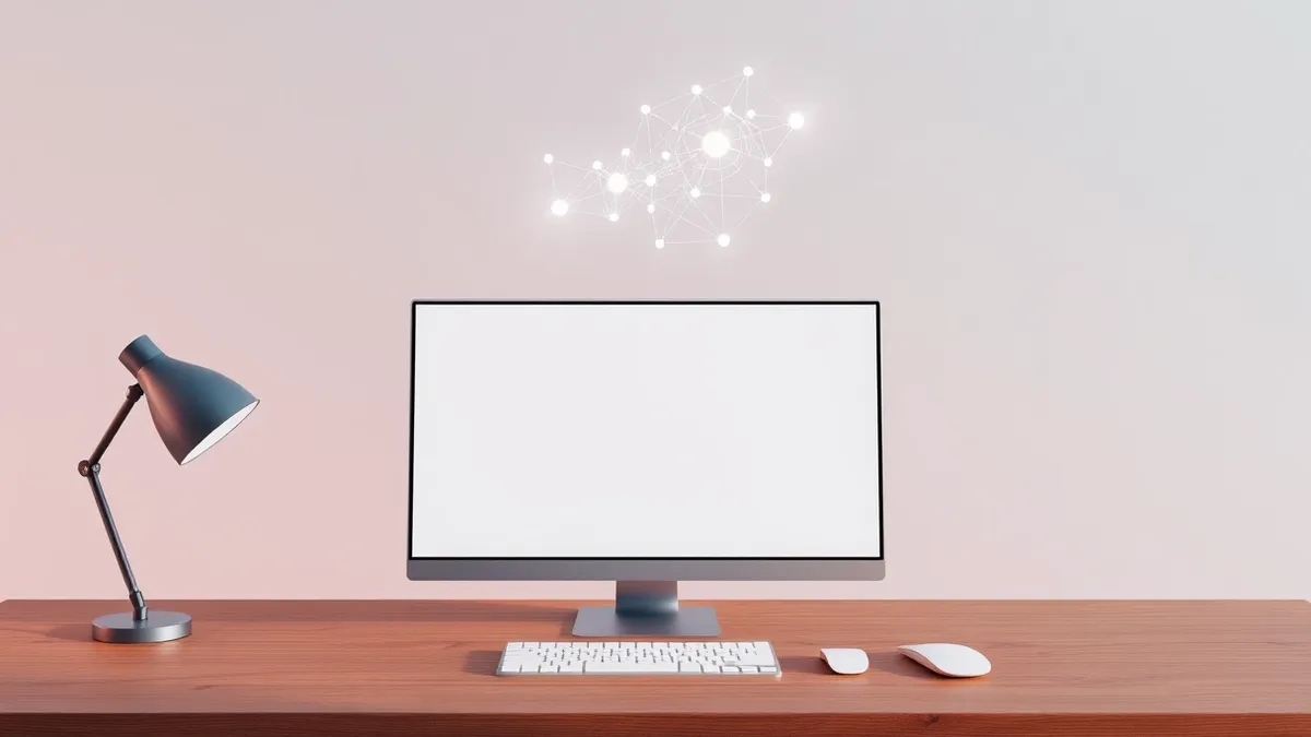 Illustration: A sleek, minimalist computer terminal sits on a wooden desk, its blank screen glowing with soft, abstract geometric patterns.
