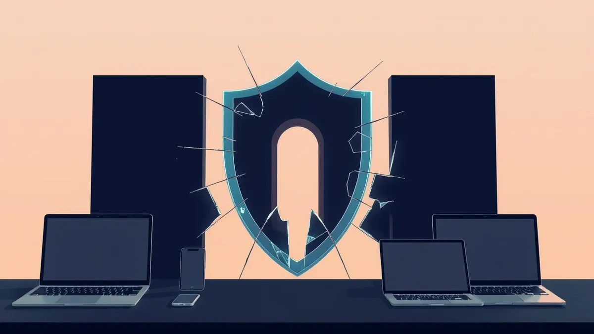 Illustration: A cracked glass shield rests on a dark surface, revealing an open gateway behind it.