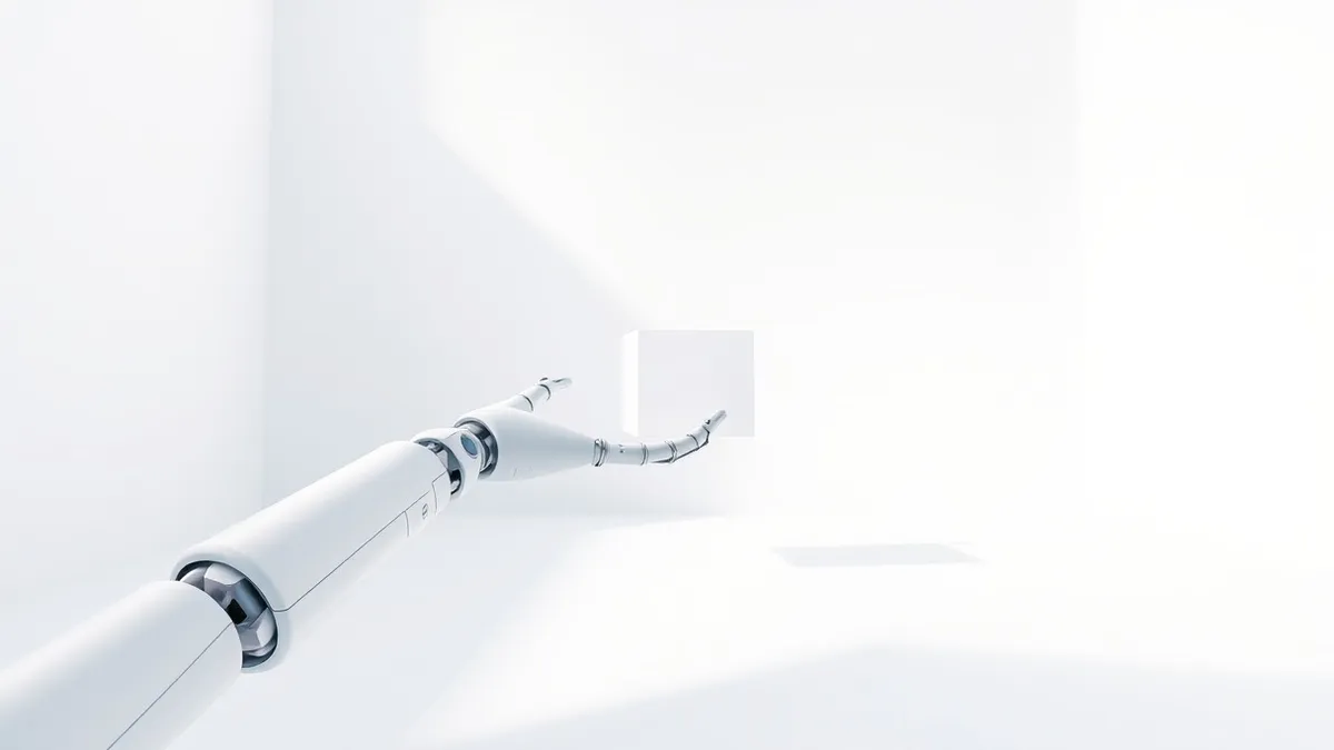 Illustration: A white robot arm extends into a blank white room where translucent geometric shapes float in midair.