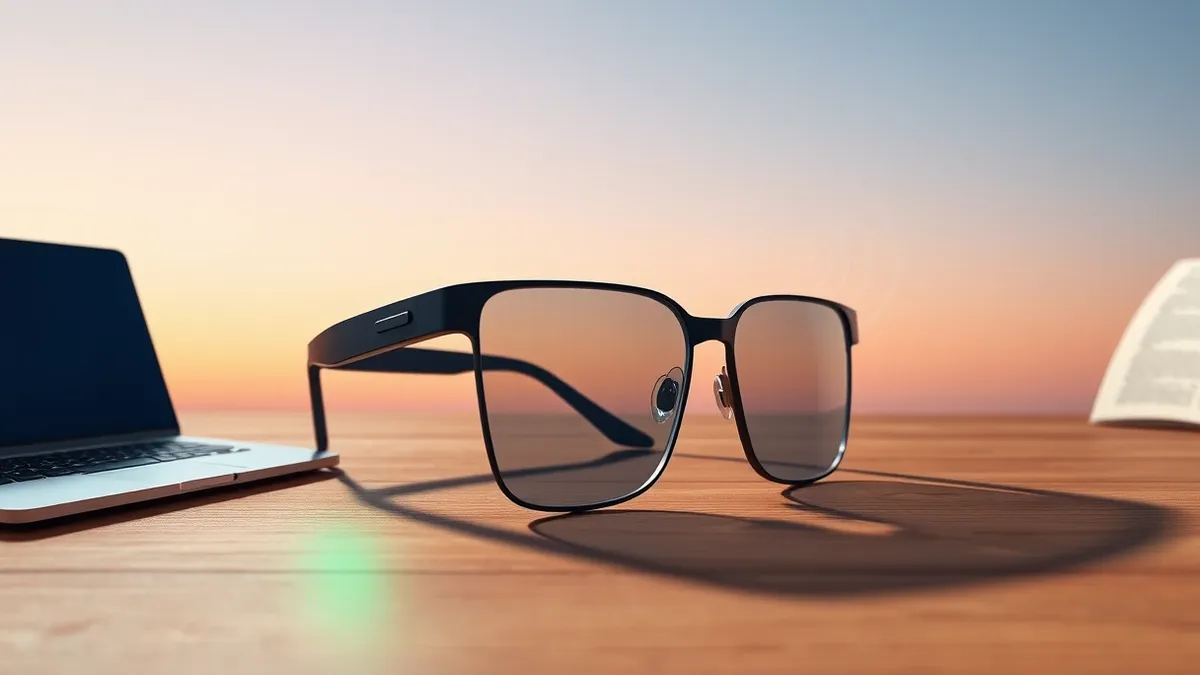 Illustration: A pair of sleek smart glasses rests on a wooden table, its small side lens emitting a soft green light.