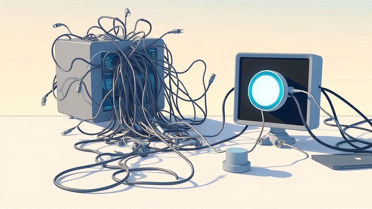 Illustration: A messy tangle of disconnected, frayed cables spills from a broken data interface onto a clean desk surface.