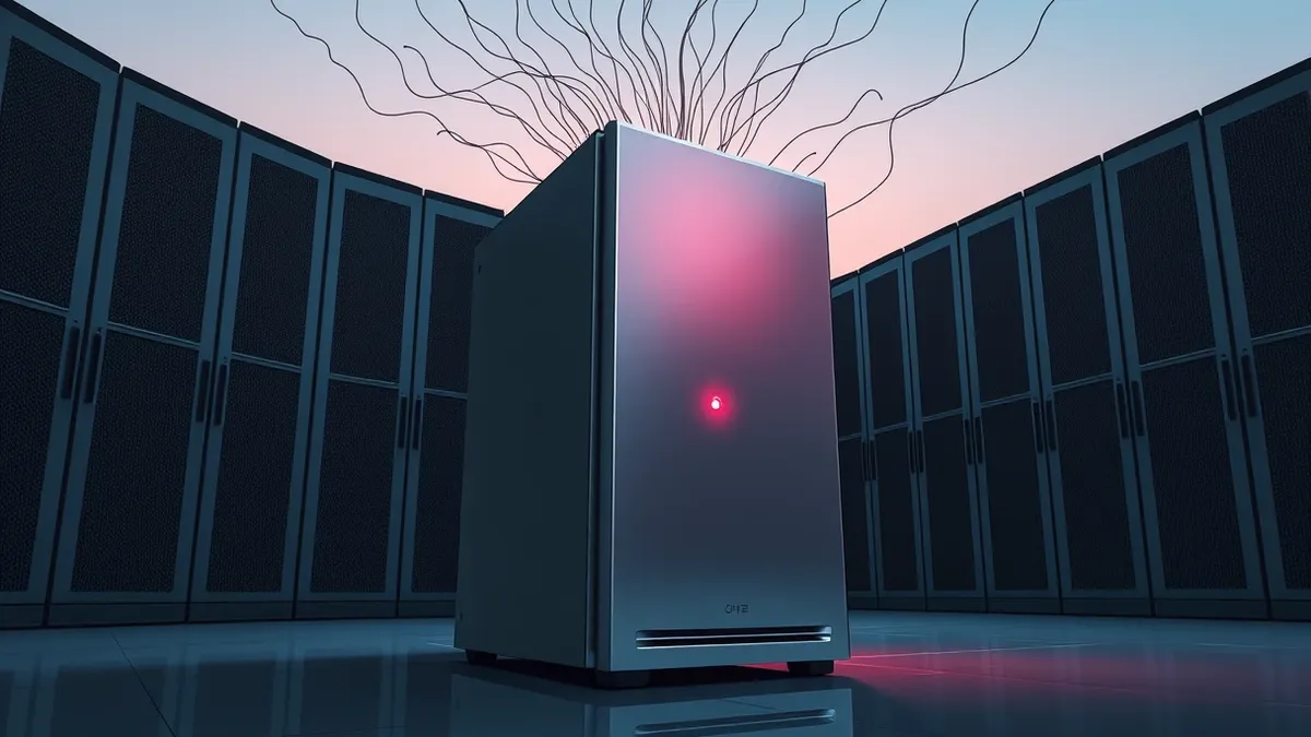 Illustration: A sleek silver enterprise server sits in a dim server room, its front panel emitting a faint red warning glow.