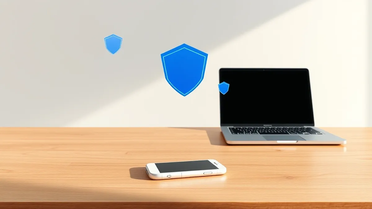 Illustration: A sleek white smartphone rests on a polished wooden desk beside a modern laptop with a blank silver lid.