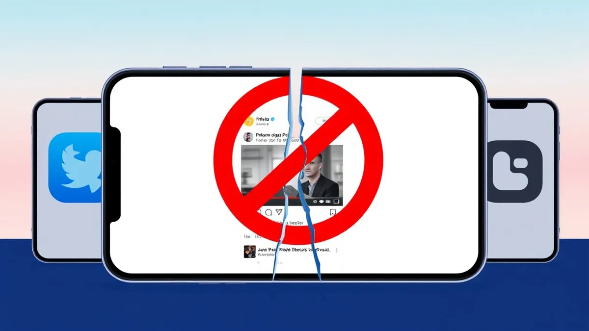 Illustration: A smartphone screen displays a social media feed with a large red prohibition symbol overlaid on a short video thumbnail.