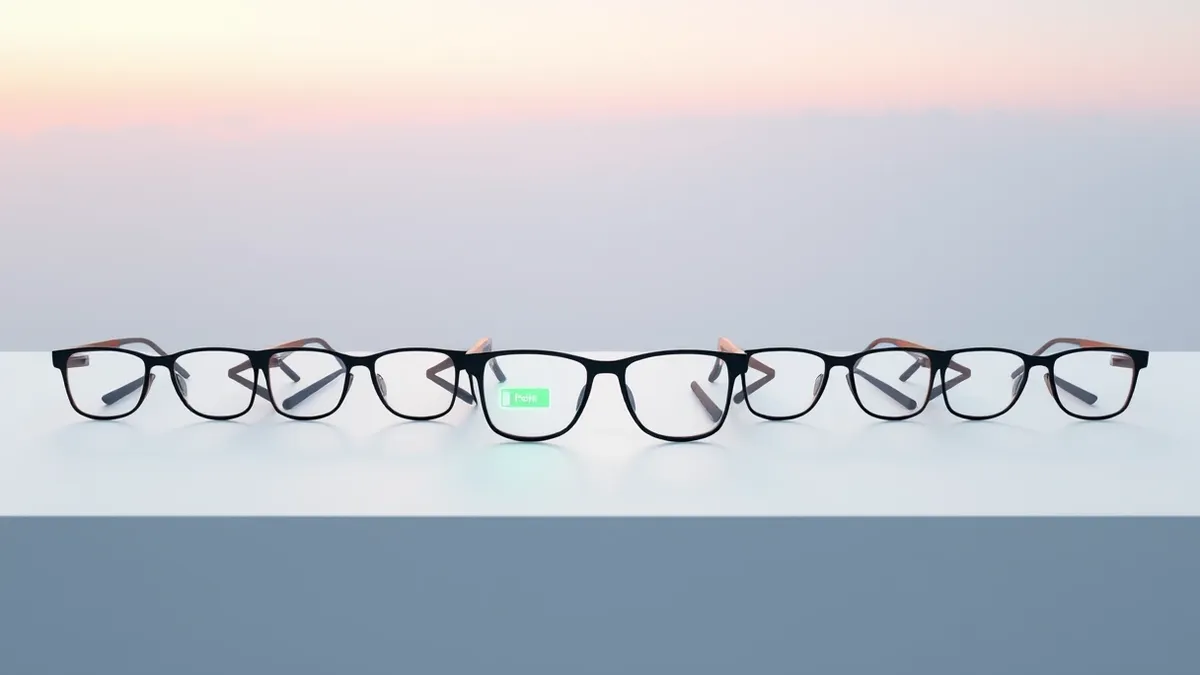 Illustration: Nine pairs of smart glasses with different frame shapes sit in a neat row on a white table.