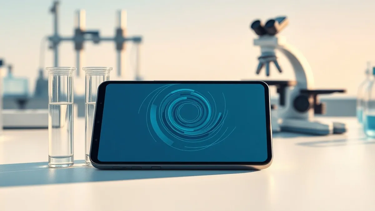 Illustration: A sleek smartphone rests on a laboratory bench beside glass test tubes and a microscope.