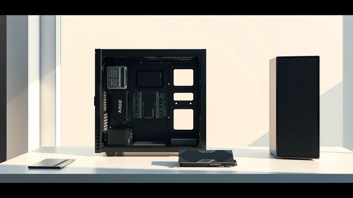 Illustration: A sleek black server chassis sits open on a clean white desk in a sunlit room.