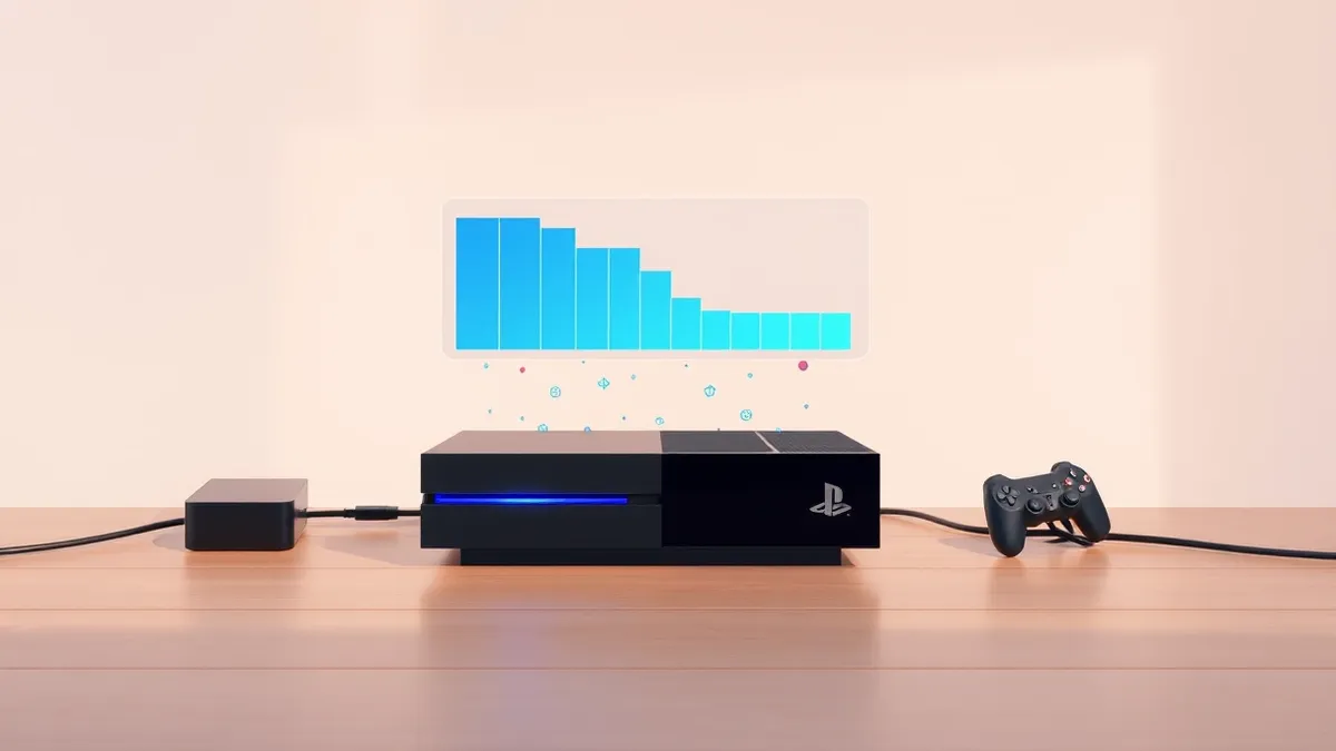 Illustration: A sleek black video game console sits on a wooden surface, connected to cables.