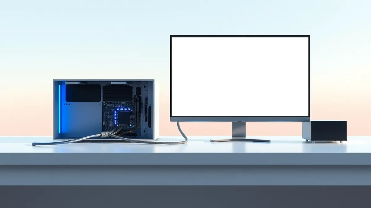 Illustration: A sleek silver server blade sits open on a clean white desk, its internal circuits highlighted by soft blue light.