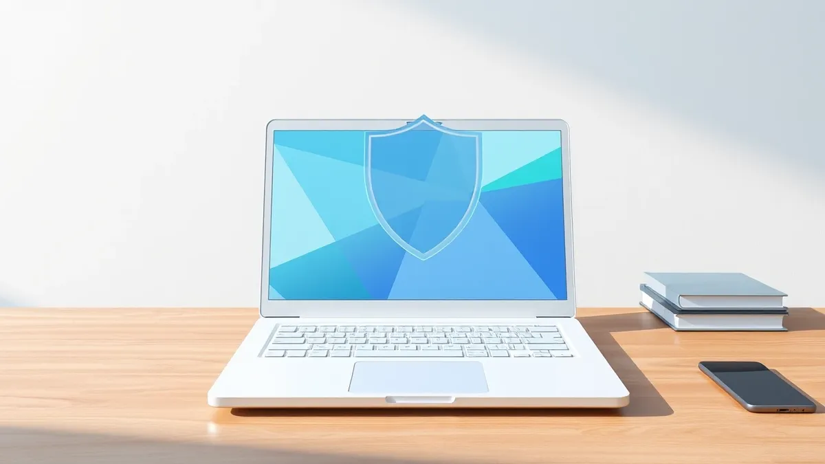 Illustration: A sleek white laptop sits on a wooden desk, its screen displaying abstract geometric shapes in soft blue and green hues.