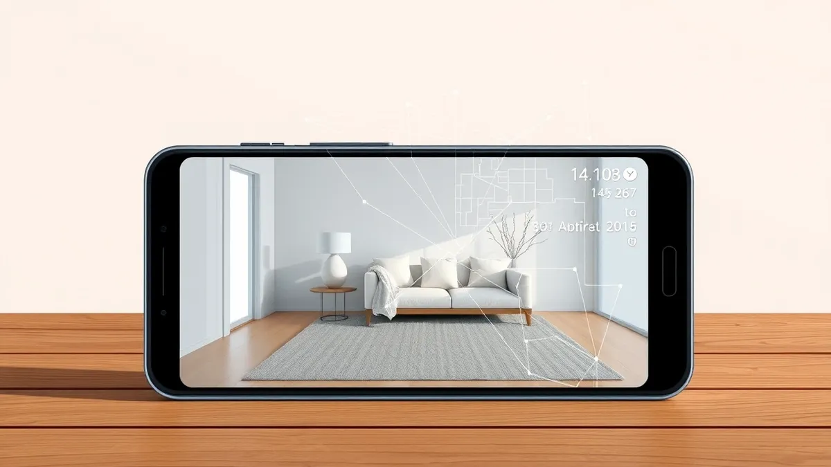 Illustration: A smartphone rests on a wooden table, displaying a photo of a living room with a distinctive cracked vase.