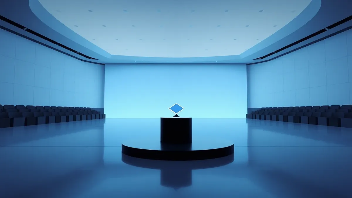Illustration: A sleek black podium stands alone in a vast, empty conference hall.