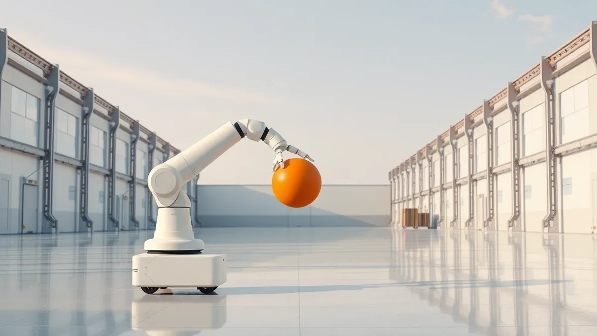 Illustration: A sleek white robotic arm extends from a compact mobile base on a polished warehouse floor.