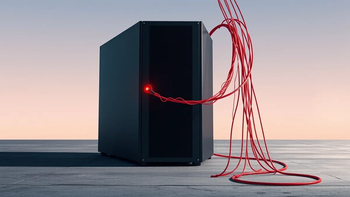 Illustration: A matte black enterprise server unit sits alone on a concrete floor, its front panel displaying a single, pulsing red light.