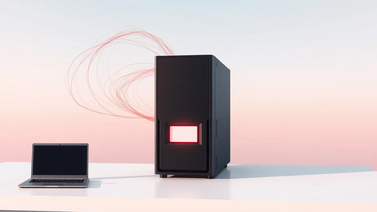 Illustration: A sleek, dark server unit sits isolated on a clean white desk.
