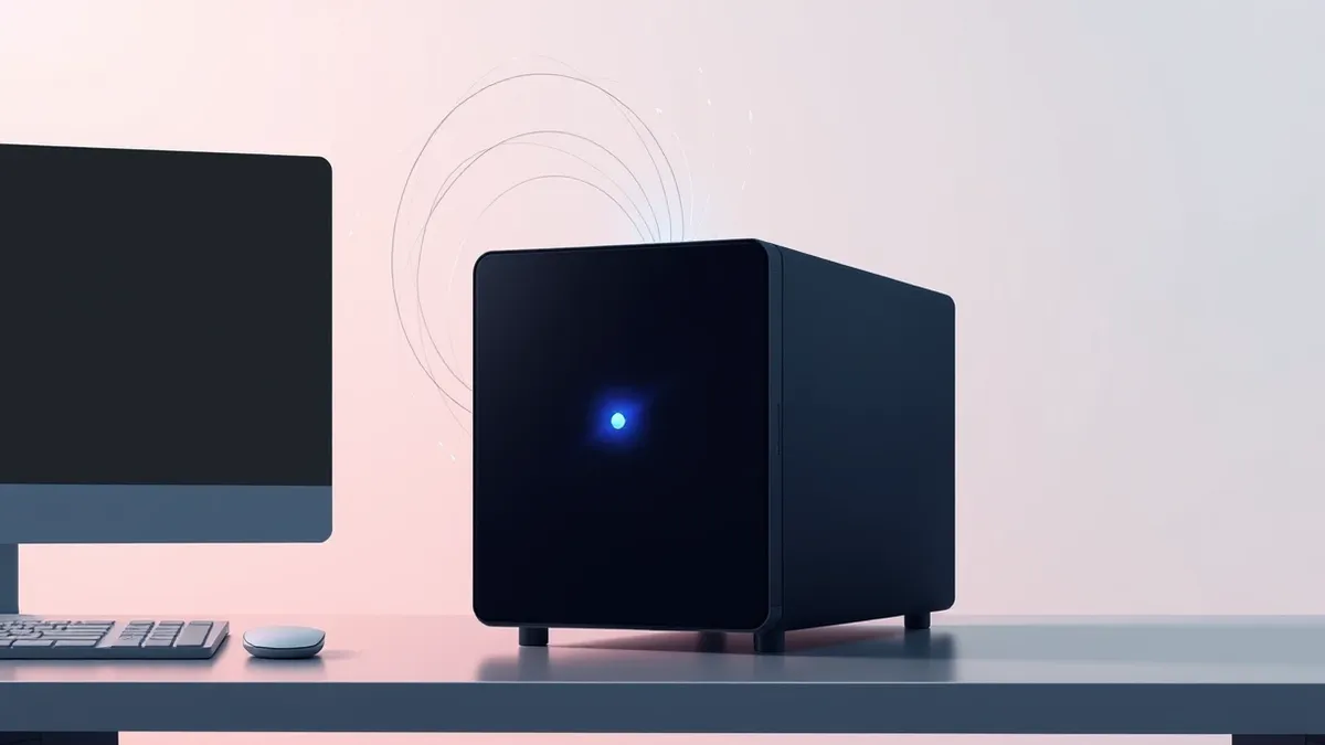 Illustration: A sleek black server node sits on a minimalist desk, its single front LED pulsing with a steady blue rhythm.