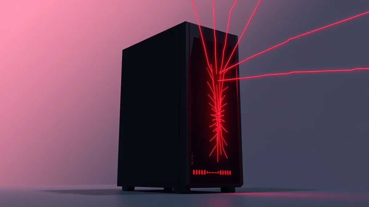 Illustration: A sleek black server tower sits isolated in a dim room, its front panel glowing with erratic red pulses.