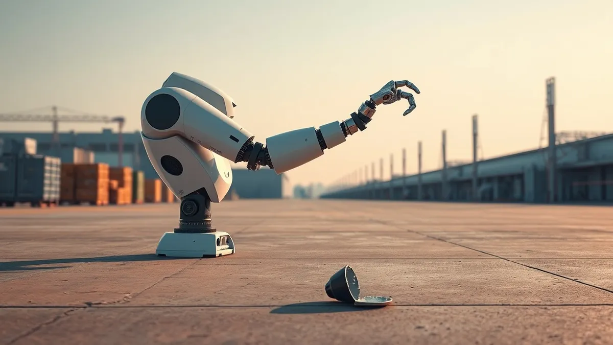 Illustration: A sleek autonomous robot arm sits frozen mid-task on a factory floor, its metal joints locked in an awkward, unintended pose.