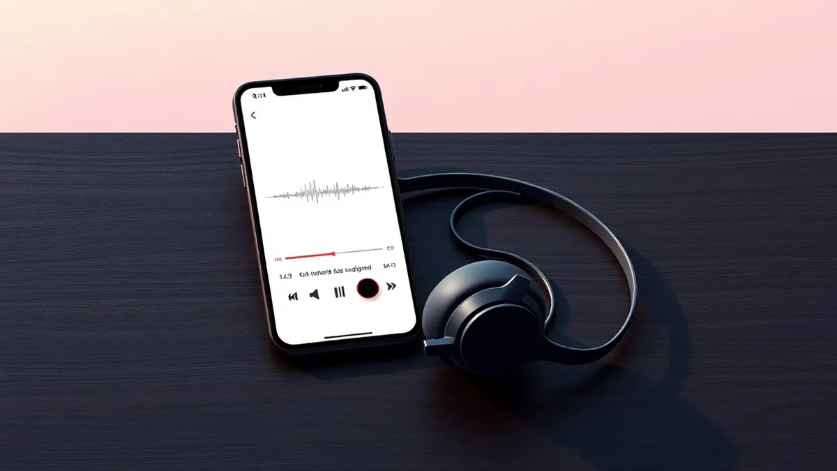 Illustration: A sleek black smartphone rests on a dark wooden table, its screen displaying a blank music player interface with abstract waveform graphics.