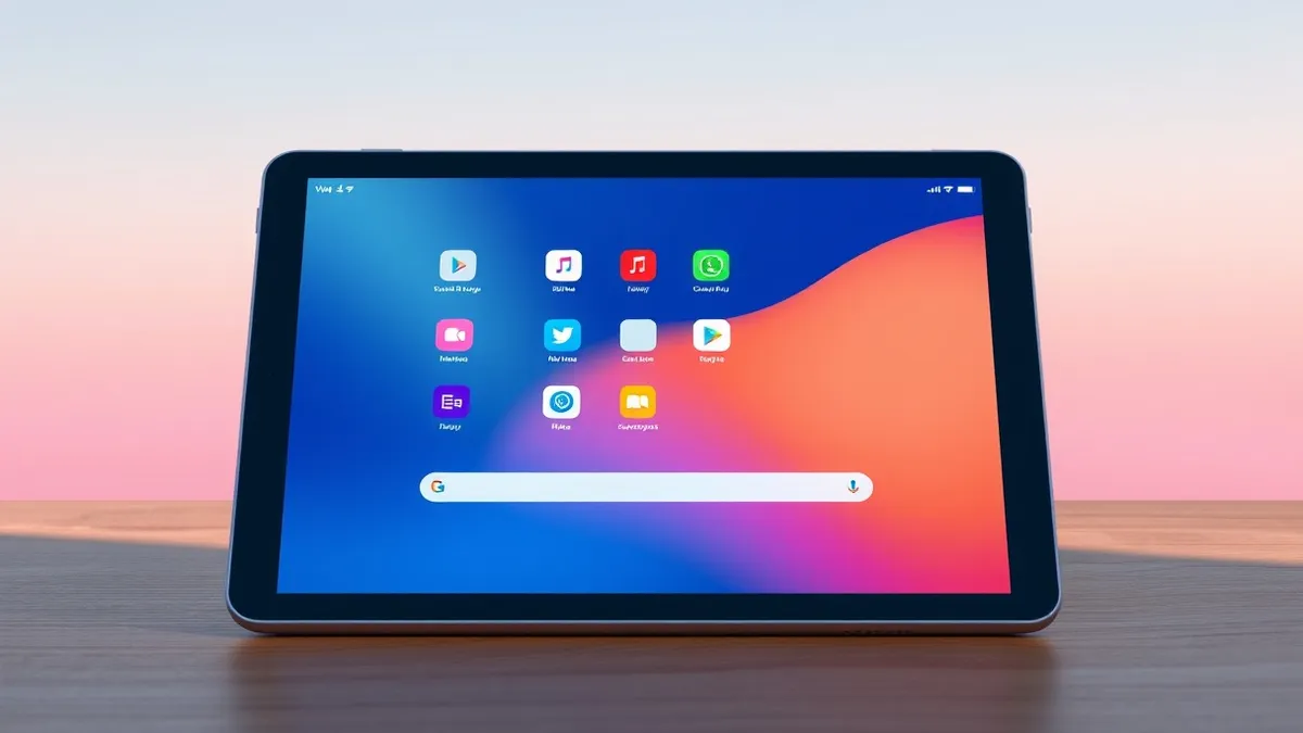Illustration: A sleek black tablet rests on a wooden desk, its screen displaying a colorful grid of abstract app icons.