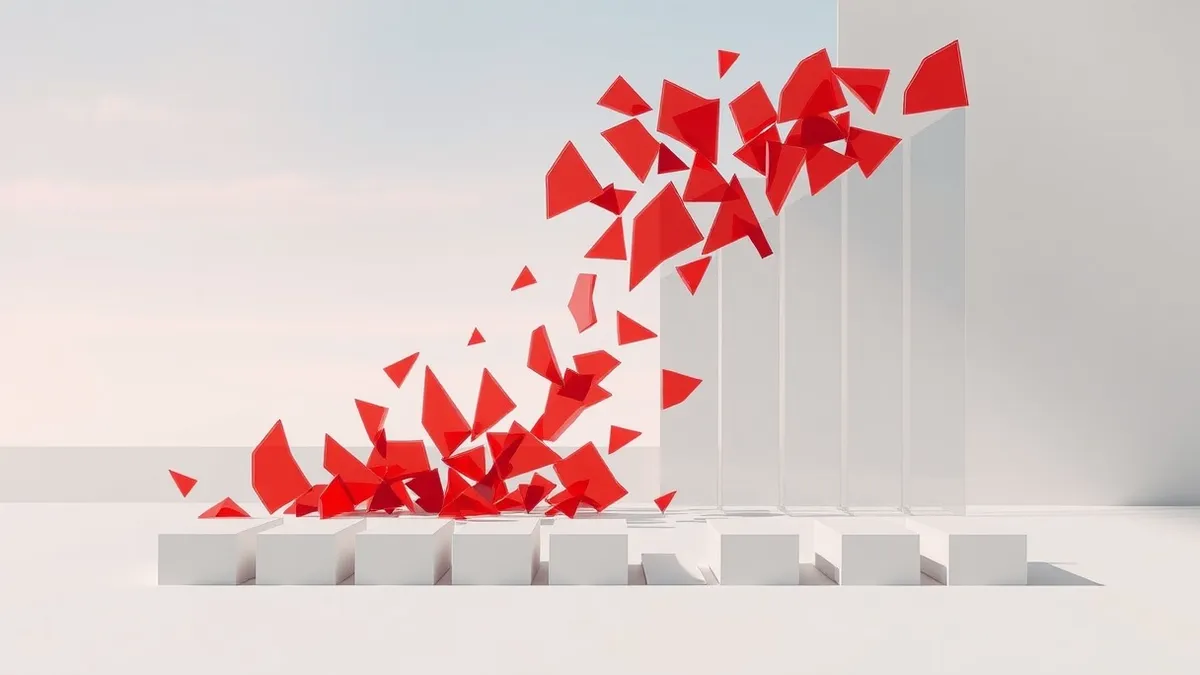 Illustration: A translucent grid of sharp, jagged red shards dissolves into a smooth, uniform sheet of neutral gray plastic.
