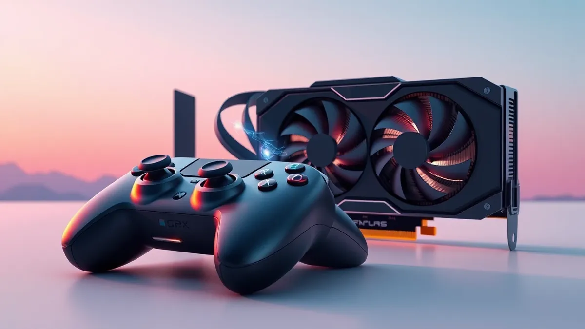 Illustration: A sleek game controller rests beside a glowing graphics card, with translucent digital threads weaving through the hardware to optimize its performance.