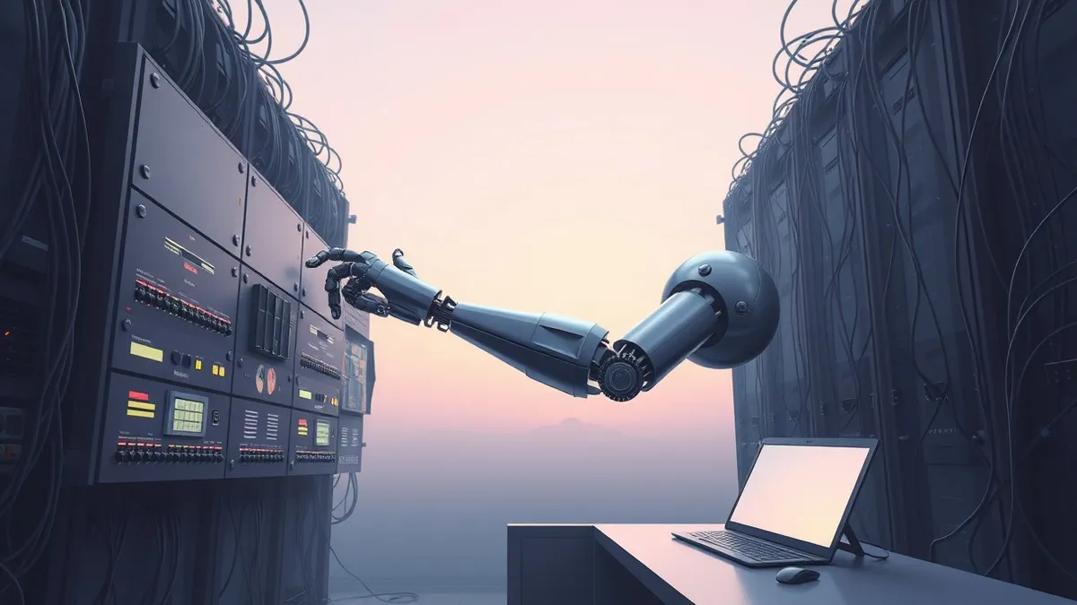 Illustration: A sleek silver robot arm reaches out to press buttons on a complex control panel.