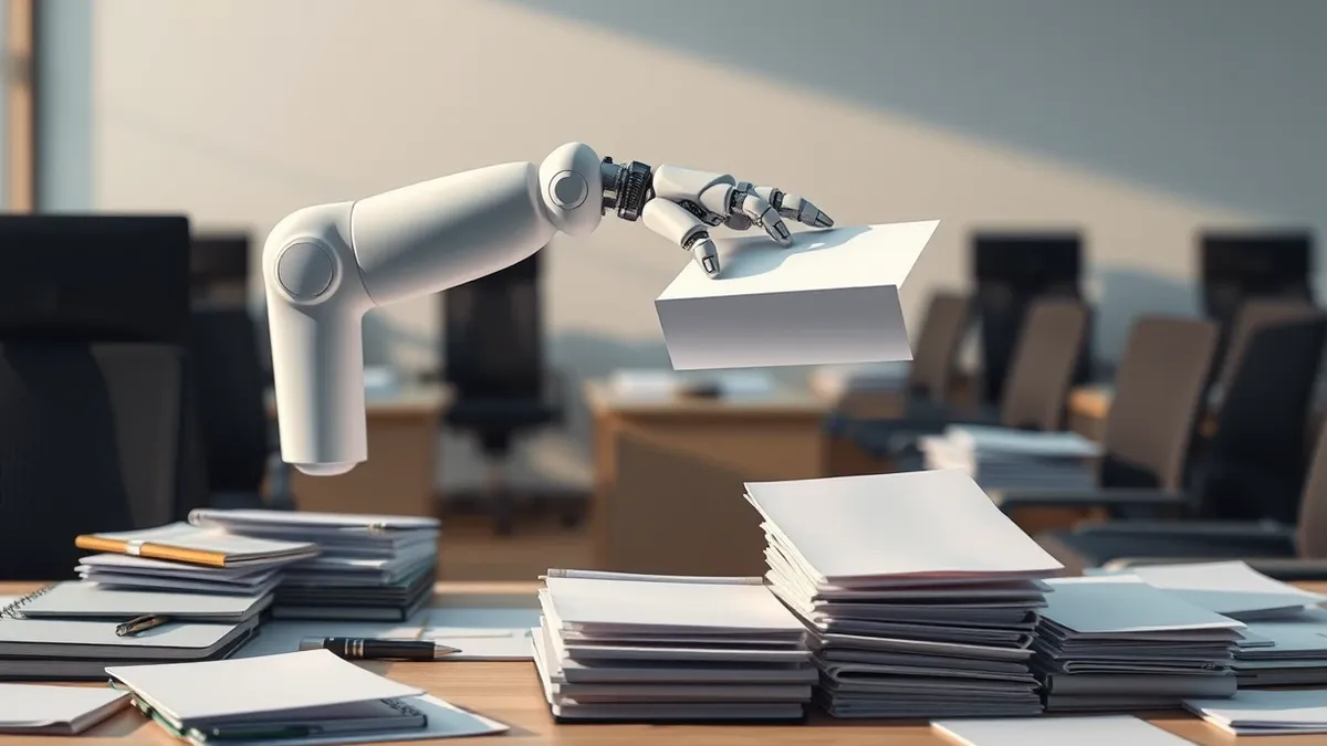 Illustration: A sleek white robot arm hovers above a cluttered office desk, its metal fingers gently sorting blank paper files.
