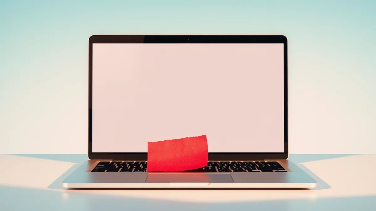 Illustration: A sterile office desk holds a sleek laptop with a blank screen reflecting a faint, distorted grid of light.
