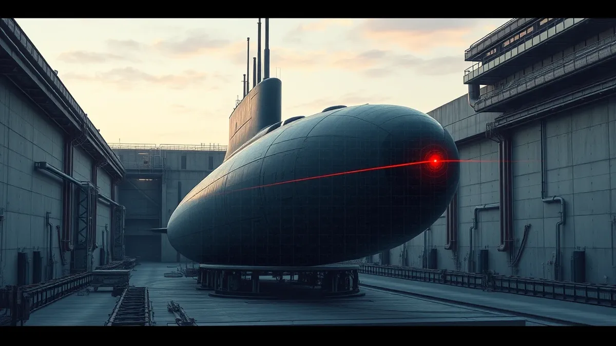Illustration: A sleek submarine hull rests in a dry dock, surrounded by complex industrial piping and concrete walls.