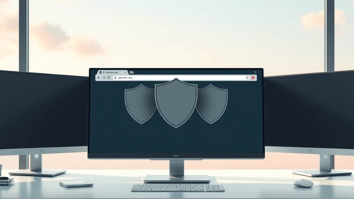 Illustration: A sleek desktop monitor displays a web browser window with three abstract gray shields overlapping the address bar.