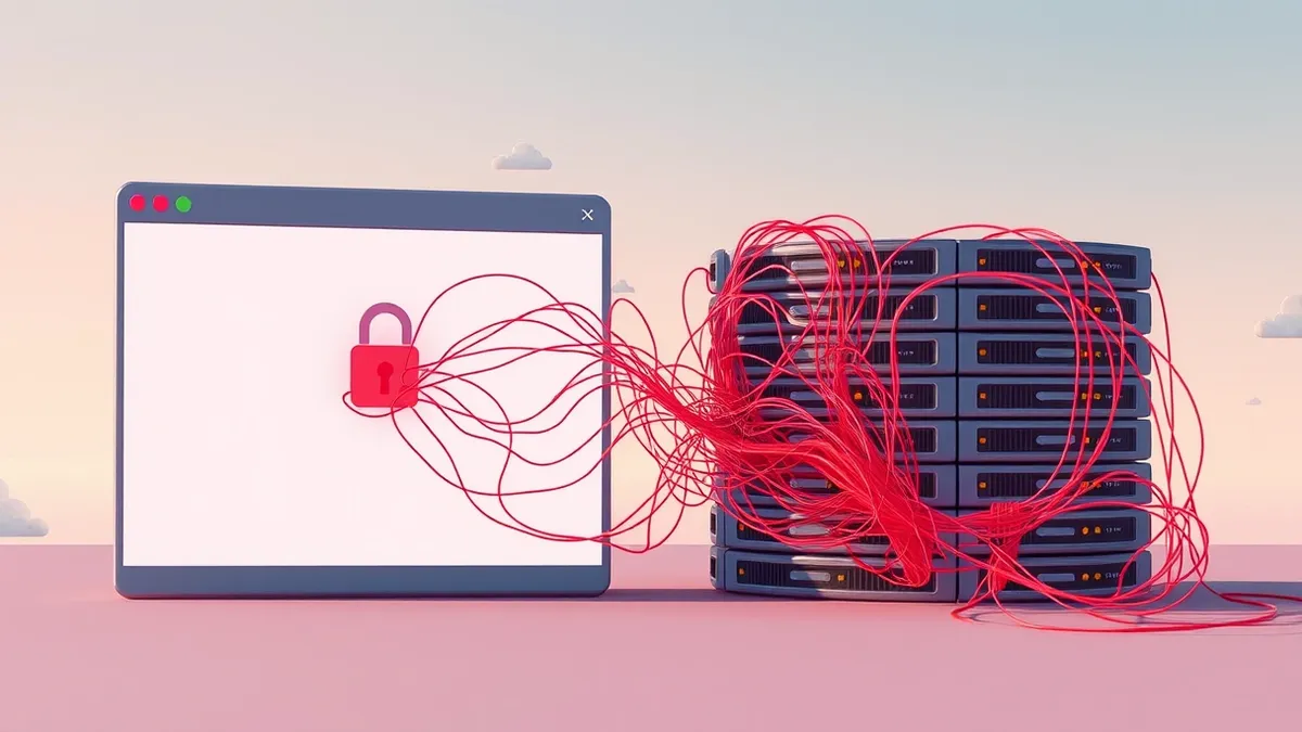 Illustration: A tangled web of glowing red threads snakes through a blank browser window and a stack of database cylinders.