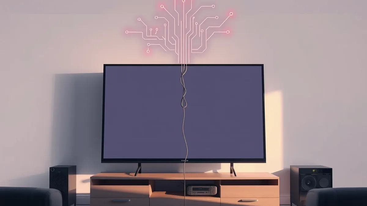 Illustration: A flat-screen television sits on a living room stand, its blank display reflecting the room.