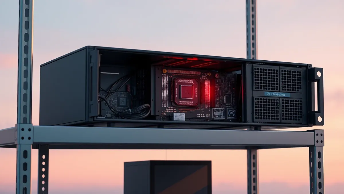 Illustration: A black network appliance sits on a metal shelf with its front panel removed to reveal internal circuit boards.