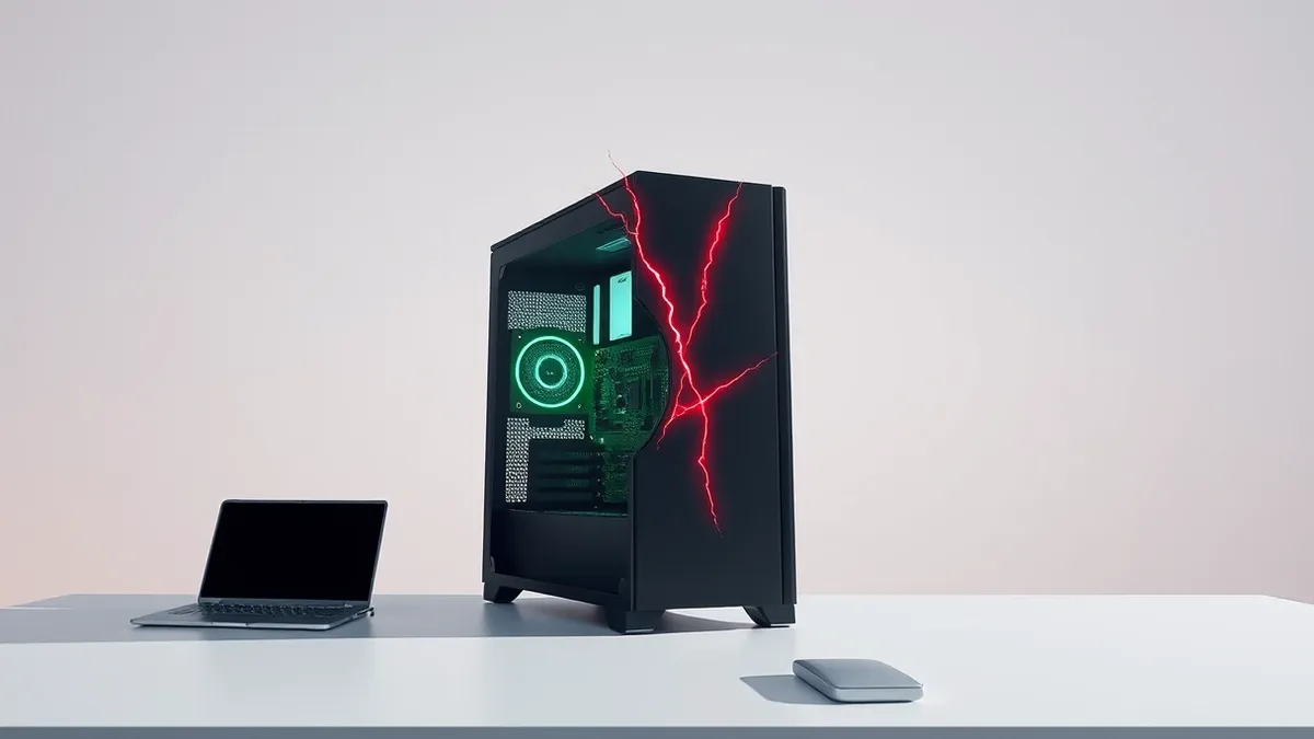 Illustration: A sleek black desktop tower sits on a clean white desk with its side panel removed to reveal a single green circuit board.
