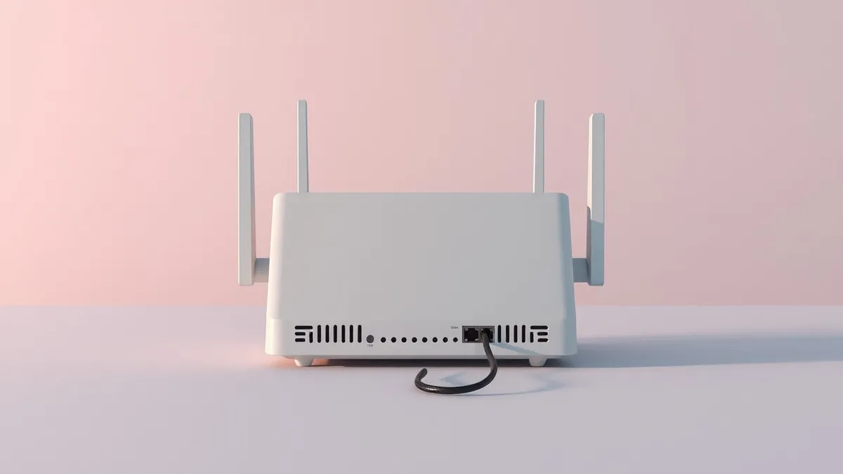 Illustration: A white consumer Wi-Fi router sits isolated on a plain surface.