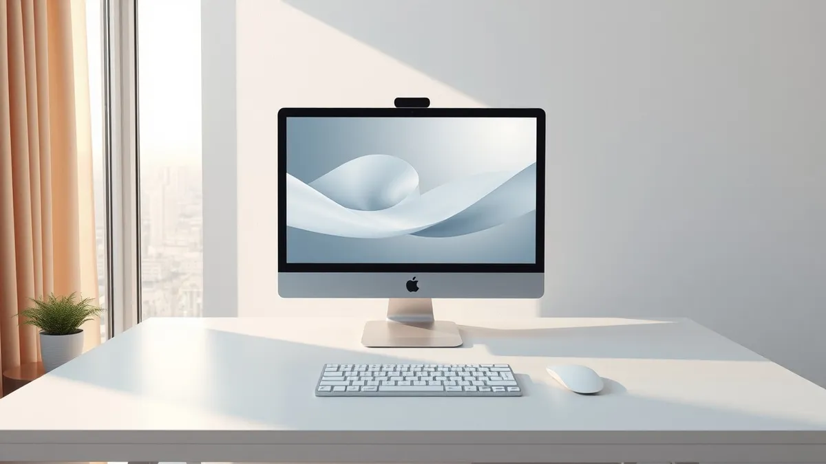 Illustration: A sleek desktop computer sits on a clean white desk, its blank screen displaying a minimalist abstract swirl in soft blue and grey tones.