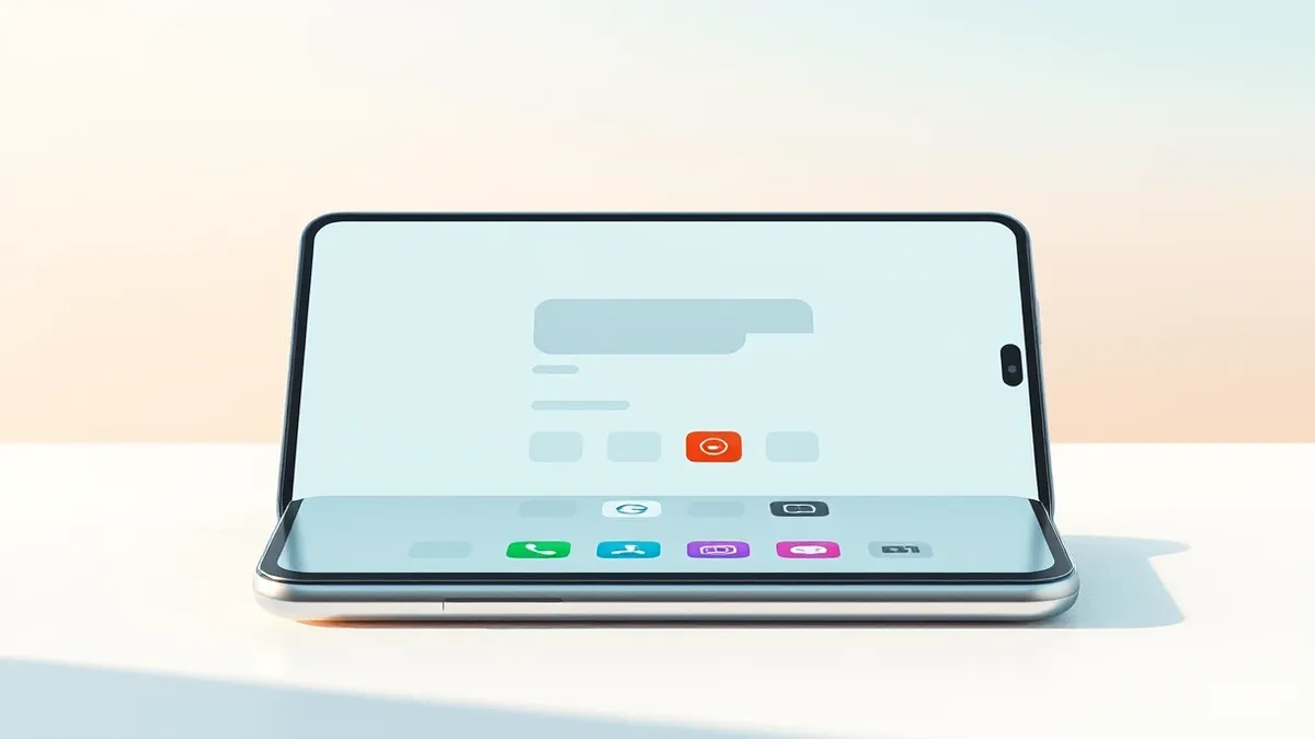 Illustration: A silver foldable smartphone sits open on a matte white desk, its hinge fully extended to reveal a wide, seamless screen.