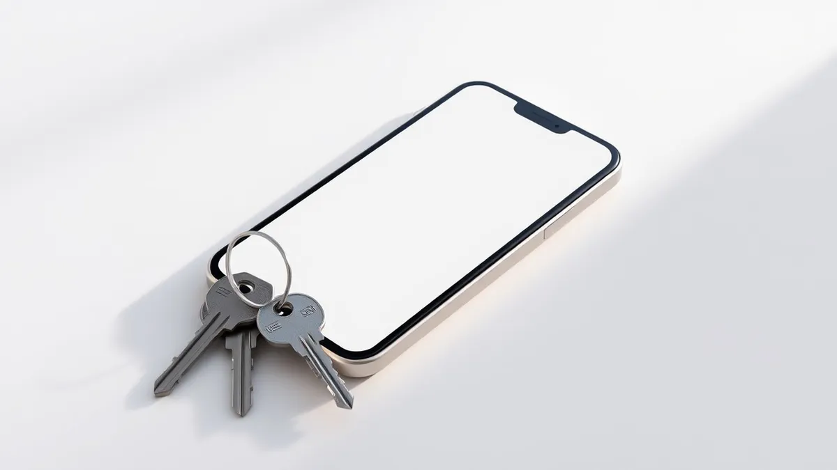 Illustration: A smartphone rests on a clean white surface next to a set of physical house keys.