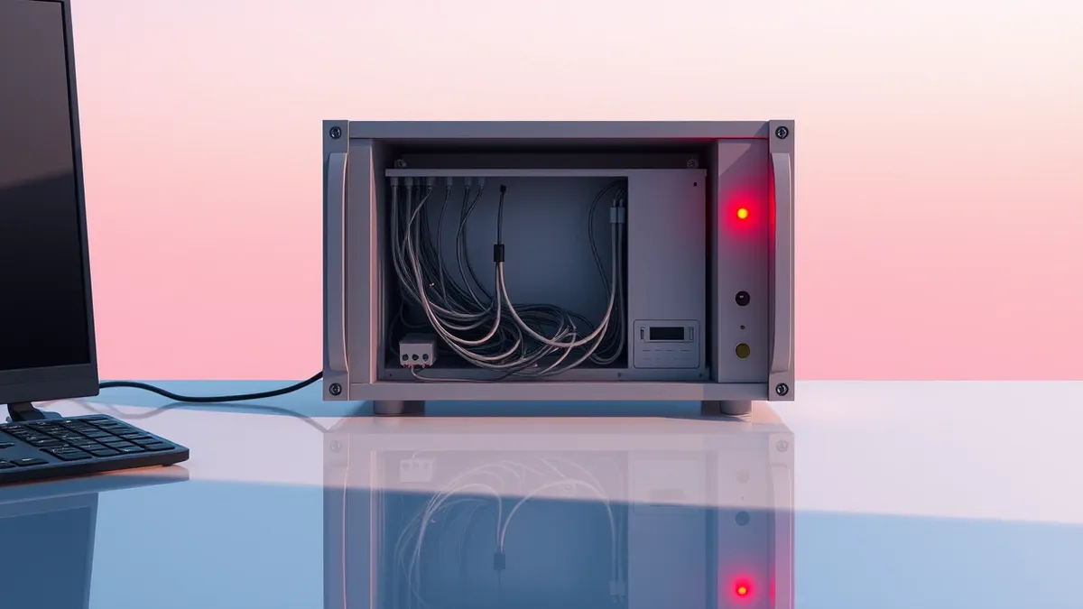 Illustration: A gray metal appliance sits on a desk with its front panel open, revealing tangled cables and empty slots.