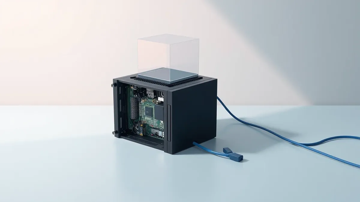 Illustration: A sleek, black server blade rests on a clean white desk, its side panel removed to expose intricate circuitry.