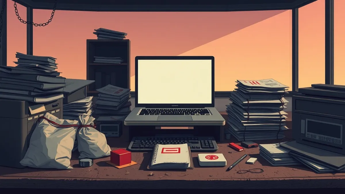 Illustration: A cluttered desk holds a laptop with a blank screen, a stack of empty evidence bags, and a single red stamp.